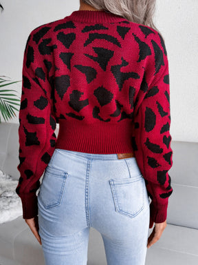 Leopard Round Neck Dropped Shoulder Sweater-True and Wild