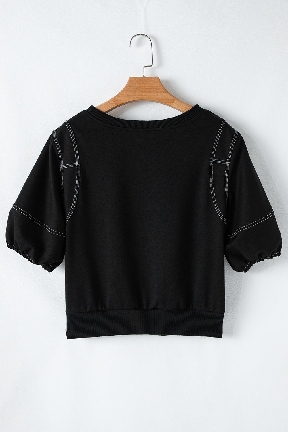 Black Half Puff Sleeve Round Neck Casual Blouse-True and Wild