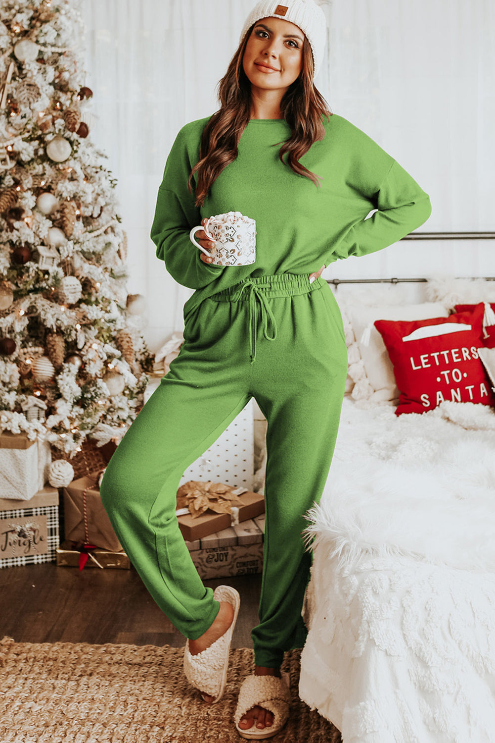 Red Casual Long Sleeve Pullover & Joggers Pajamas Set-True and Wild