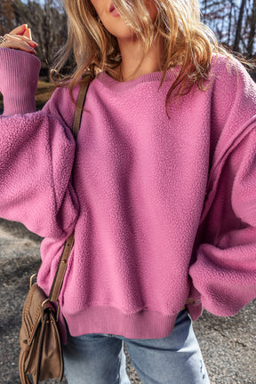 Bright Pink Sherpa Seamed Drop Shoulder Oversized Sweatshirt-True and Wild