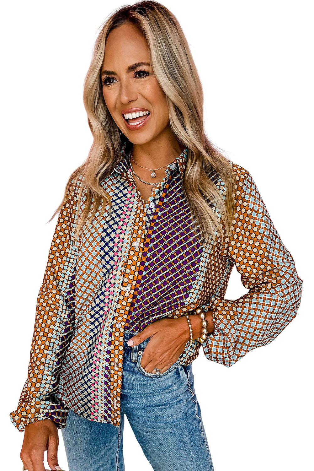 Brown Dot Print Long Sleeve Button Down Shift Shirt-True and Wild