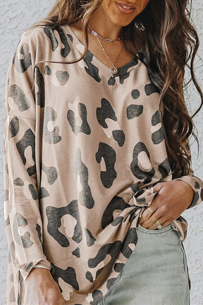 Khaki Leopard Print V Neck Long Sleeve Shirt-True and Wild