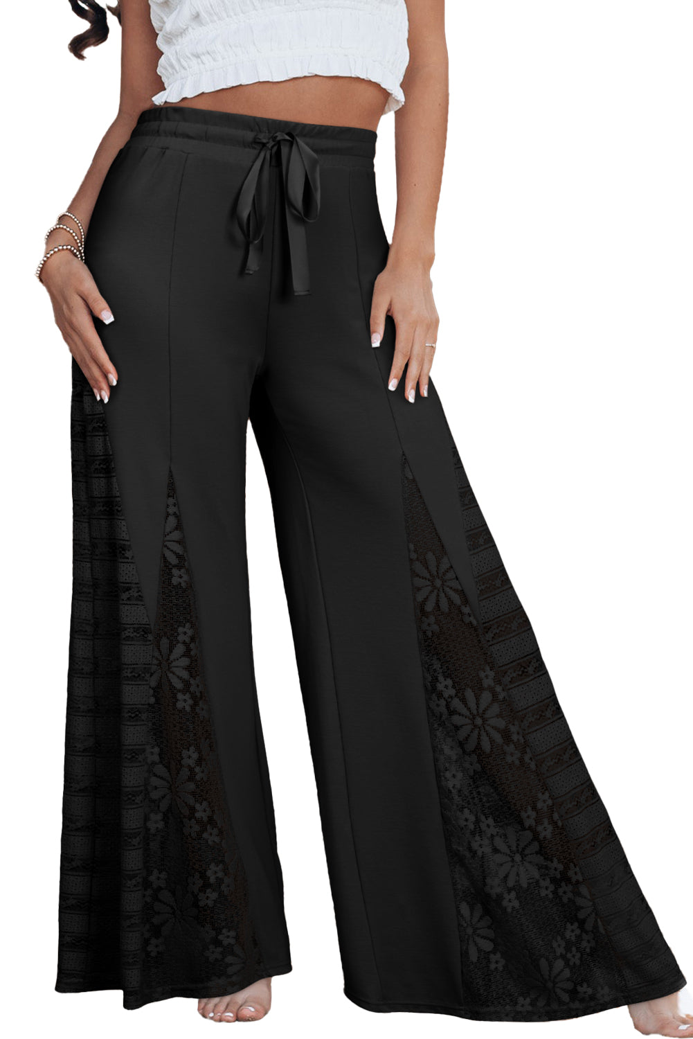 Black Lace Patchwork Wide Leg High Waist Pants-True and Wild