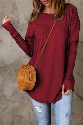 Green Plain Solid Casual Thumbhole Long Sleeve Top-True and Wild