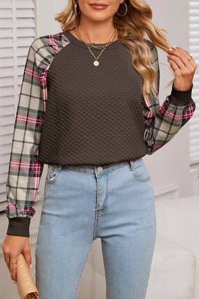 Brown Plaid Print Waffle Quilted Raglan Sleeve Sweatshirt-True and Wild