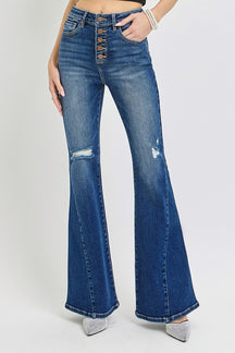 RISEN Distressed Button-Fly Flare Jeans-True and Wild