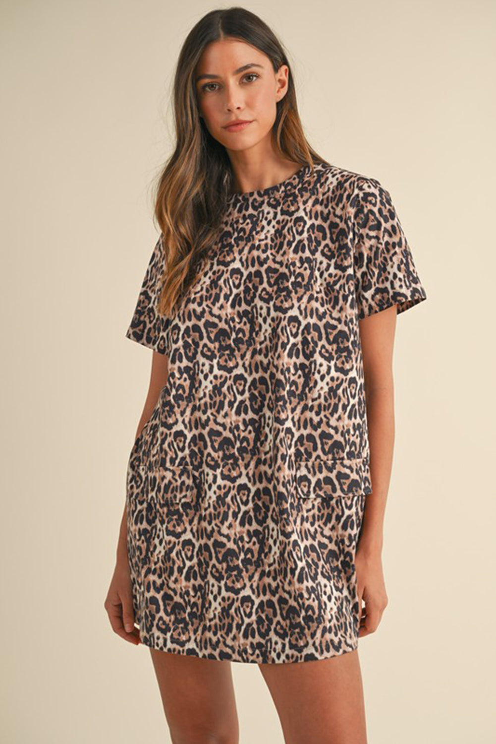 Brown Leopard Print Short Sleeve Pocket Mini Dress