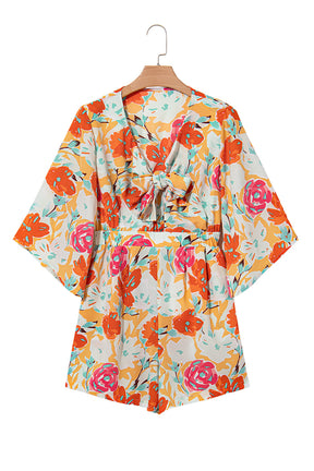 Orange Floral Print Front Tie V Neck Romper