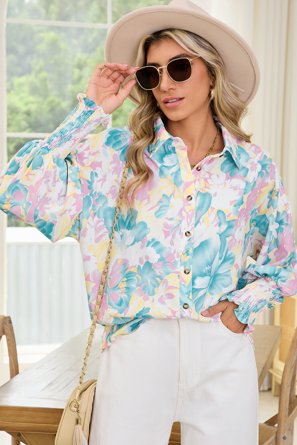 Yellow Floral Allover Print Shirred Cuff Oversized Shirt