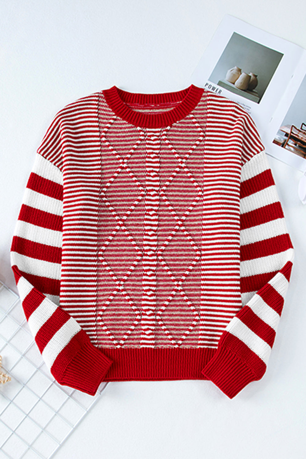 Red Stripe Twisted Knitted Drop Shoulder Sweater-True and Wild