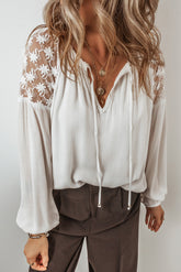 White Floral Lace Patchwork Lantern Sleeve V Neck Blouse