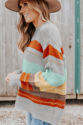 Color Block Round Neck Dropped Shoulder Sweater