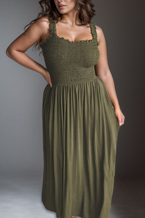 Plus Size Smocked Square Neck Maxi Dress-True and Wild