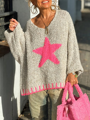 Star V-Neck Long Sleeve Oversize Sweater