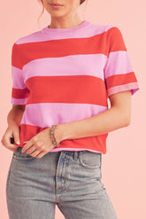 Bright Pink Colorblock Knitted Round Neck T Shirt-True and Wild