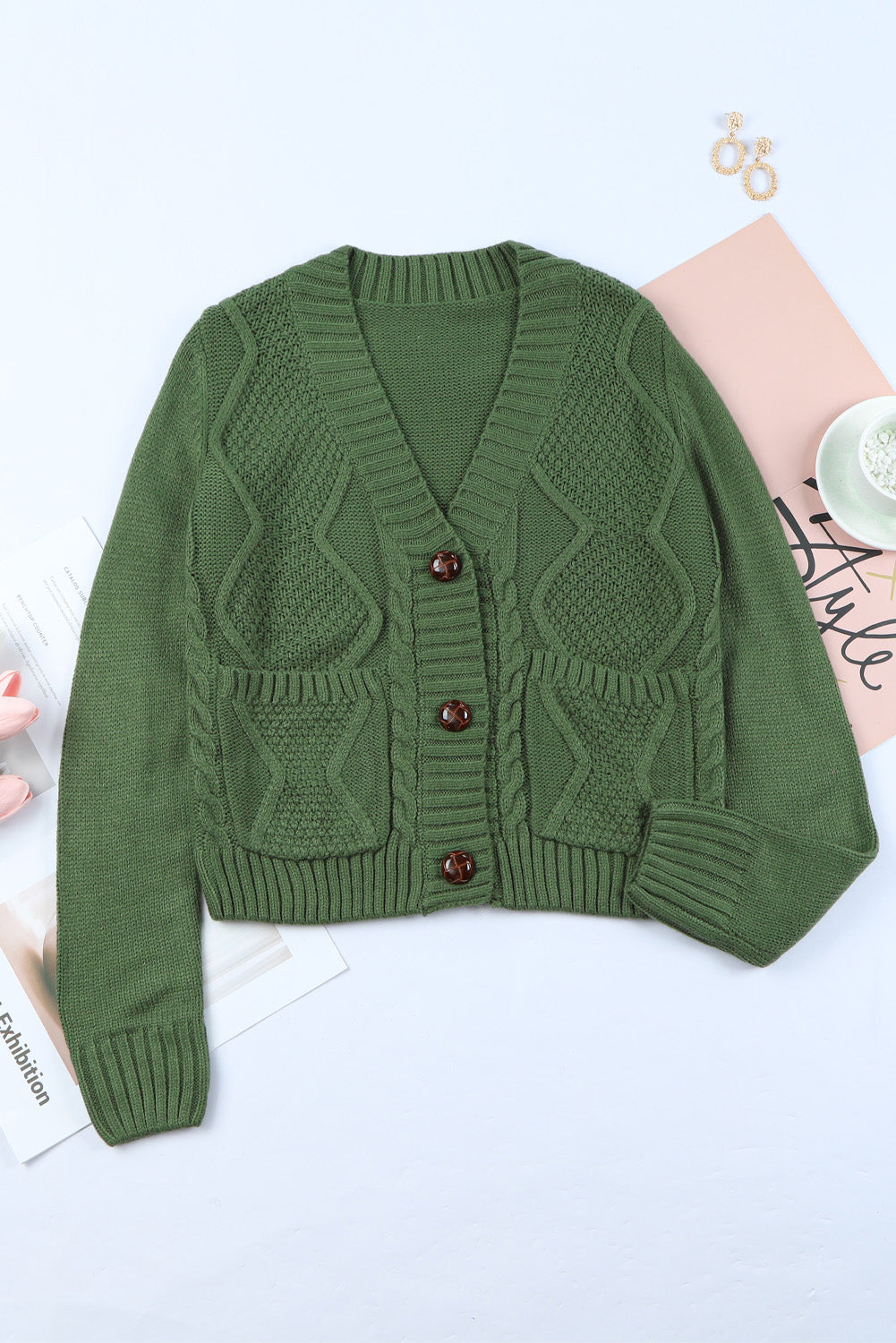 Cable-Knit Button Down V-Neck Cardigan-True and Wild