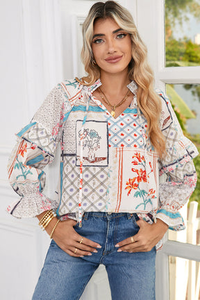 Multicolour Floral Plaid Patchwork Puff Sleeve Blouse-True and Wild