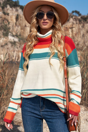 Contrast Striped Turtleneck Dropped Shoulder Sweater-True and Wild