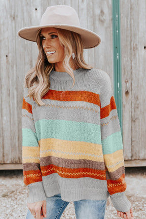 Color Block Round Neck Dropped Shoulder Sweater-True and Wild