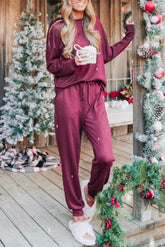 Red Casual Long Sleeve Pullover & Joggers Pajamas Set-True and Wild