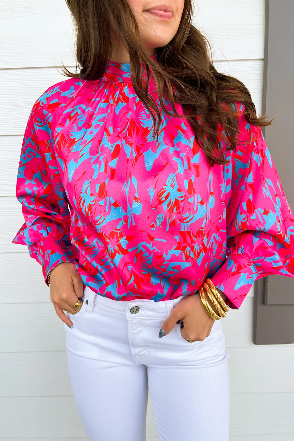 Purple Abstract Stand Neck Puff Sleeve Blouse-True and Wild