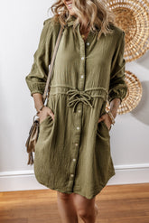 Jungle Green Textured Bracelet Sleeve Button Up Mini Dress-True and Wild