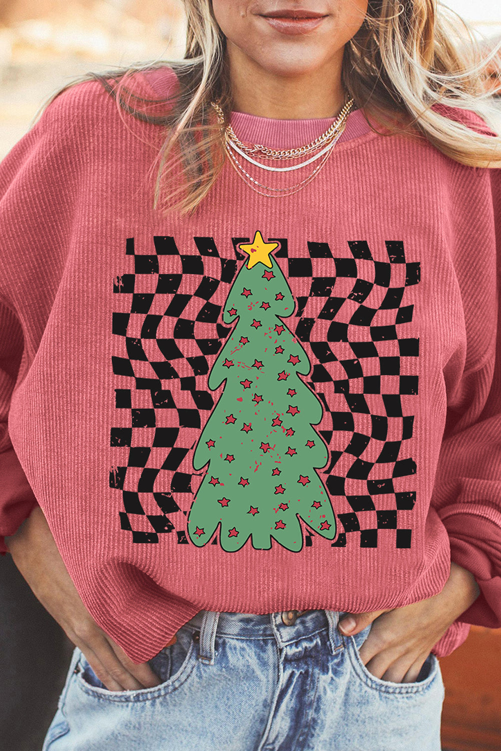 Strawberry Pink Christmas Tree Checkered Print Graphic Corded Sweatshirt