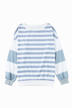 Blue Casual Striped Drop Shoulder Pullover Sweatshirt-True and Wild