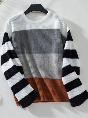 Color Block Round Neck Long Sleeve Sweater-True and Wild