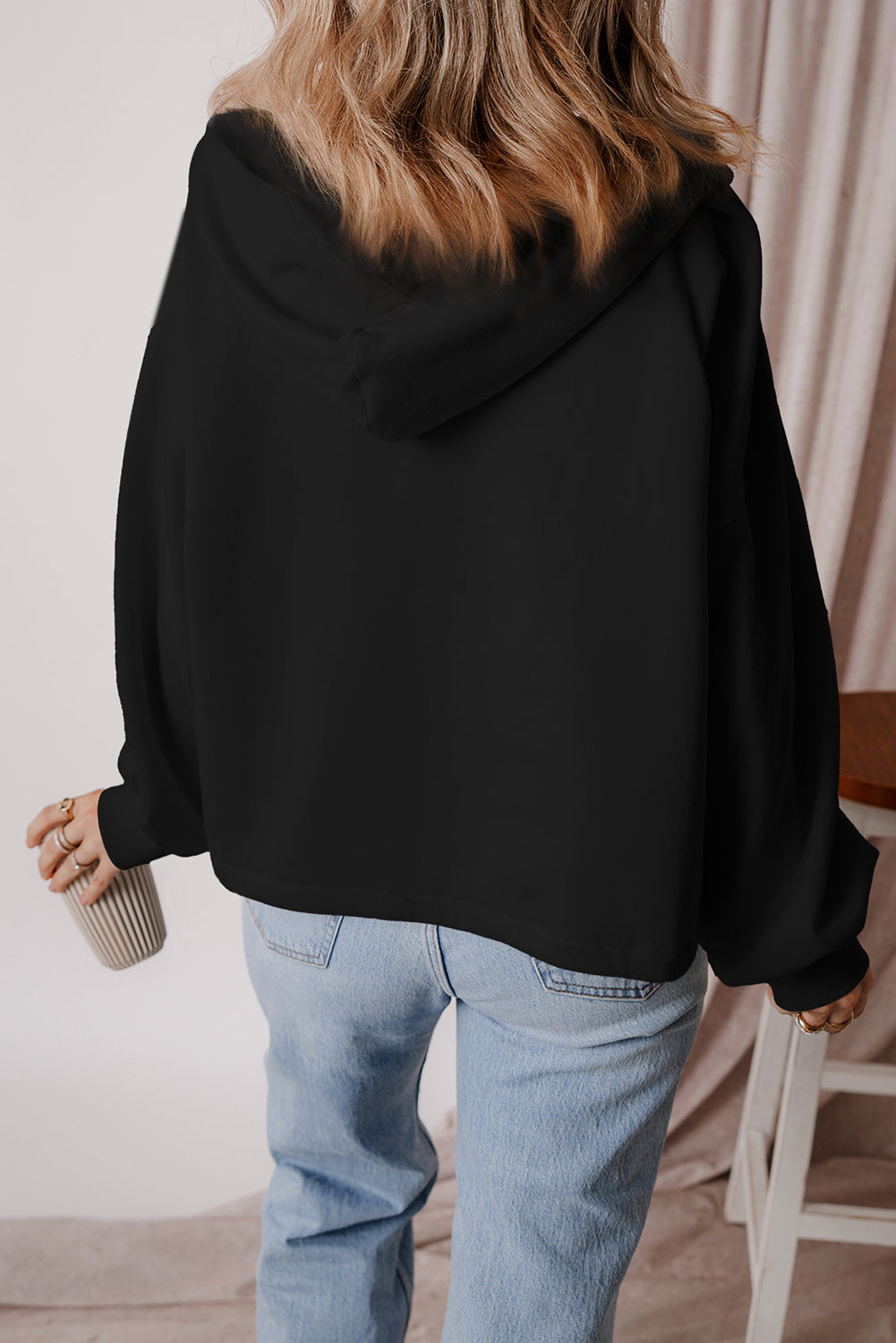 Black Half Zipper Kangaroo Pockets Drop Shoulder Hoodie-True and Wild