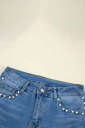 Dusk Blue Pearl Decor High Waist Flared Jeans-True and Wild