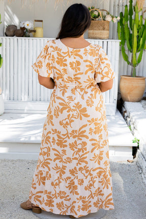 Apricot Floral Print Puff Short Sleeve Resort Plus Size Maxi Dress