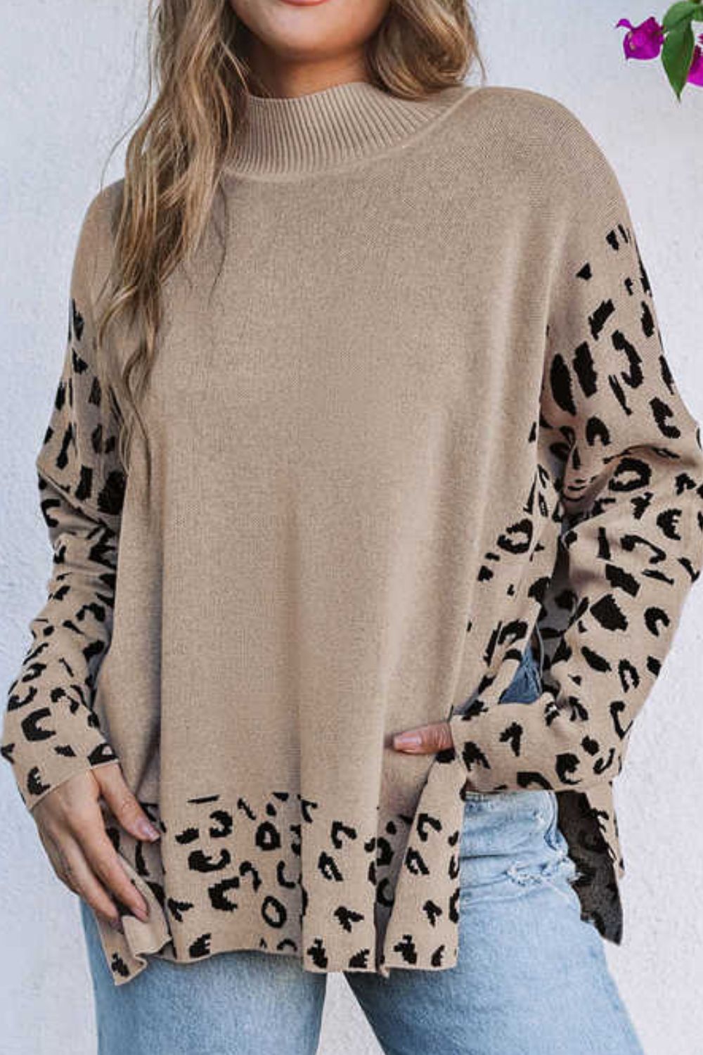 Slit Leopard Mock Neck Dropped Shoulder Sweater