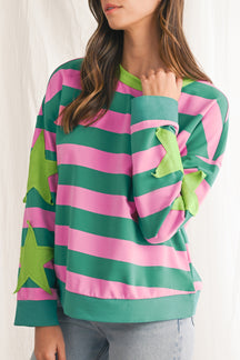 Pink Stripe Star Patchwork Round Neck Pullover Sweatshirt-True and Wild