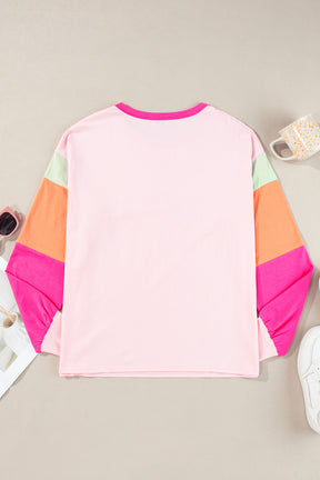 Rose Red Color Block Sleeve Loose Fit Top-True and Wild