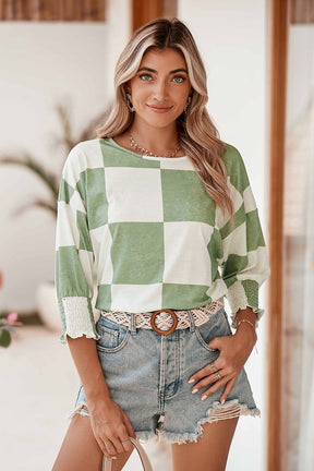 Grass Green Checkered Ruffle Smocked Cuffs Tee-True and Wild