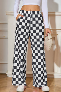 Black Checkered Print High Waist Wide Leg Pants-True and Wild