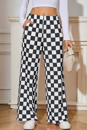 Black Checkered Print High Waist Wide Leg Pants-True and Wild