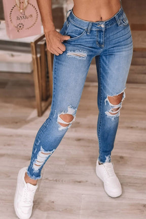 Light Blue High Waist Distressed Skinny Jeans-True and Wild