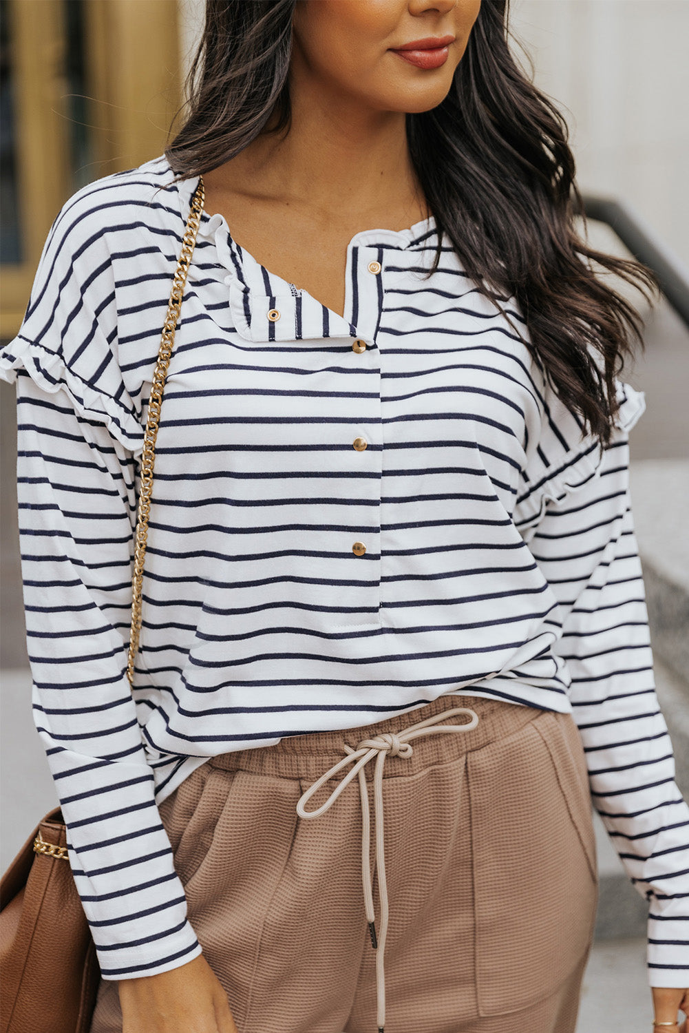 White Striped Snap Button Ruffle Trim Long Sleeve Top