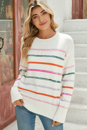 Black Colorful Striped Ribbed Trim Round Neck Sweater-True and Wild