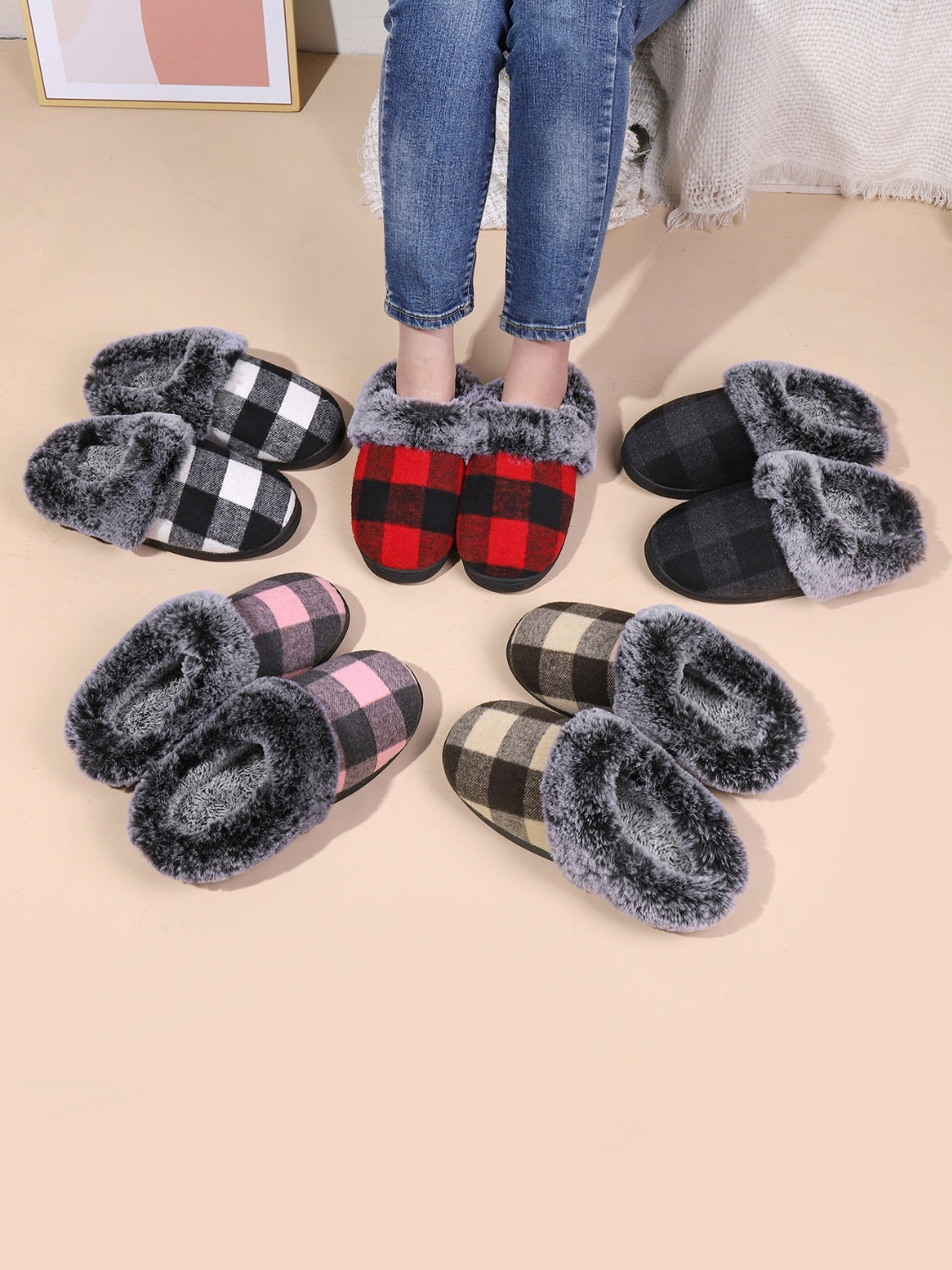 Plaid Furry Round Toe Flat Slippers-True and Wild