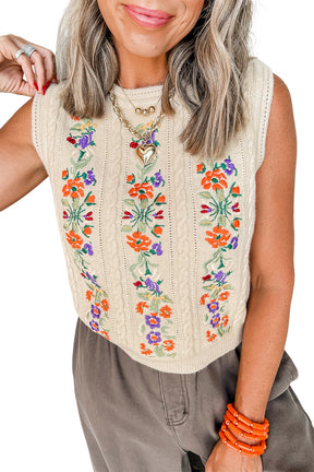 Jet Stream Embroidered Floral Cable Knit Vest Top-True and Wild