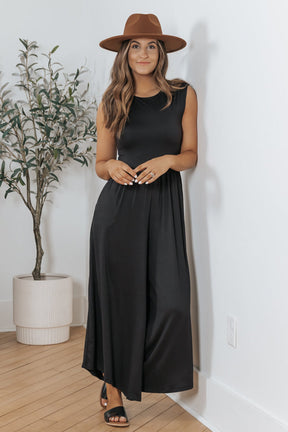 Black Solid Color Open Back Sleeveless Wide Leg Jumpsuit-True and Wild