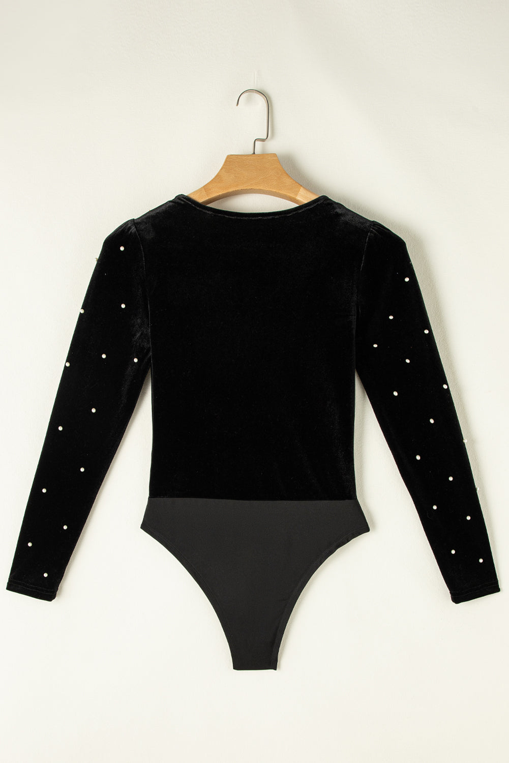 Pearl Detail Velvet V-Neck Long Sleeve Bodysuit-True and Wild