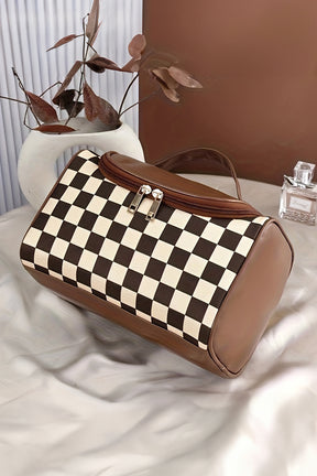 Black Checker Print Leather Zipper Makeup Bag-True and Wild