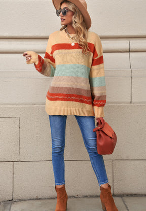 Color Block Round Neck Dropped Shoulder Sweater-True and Wild