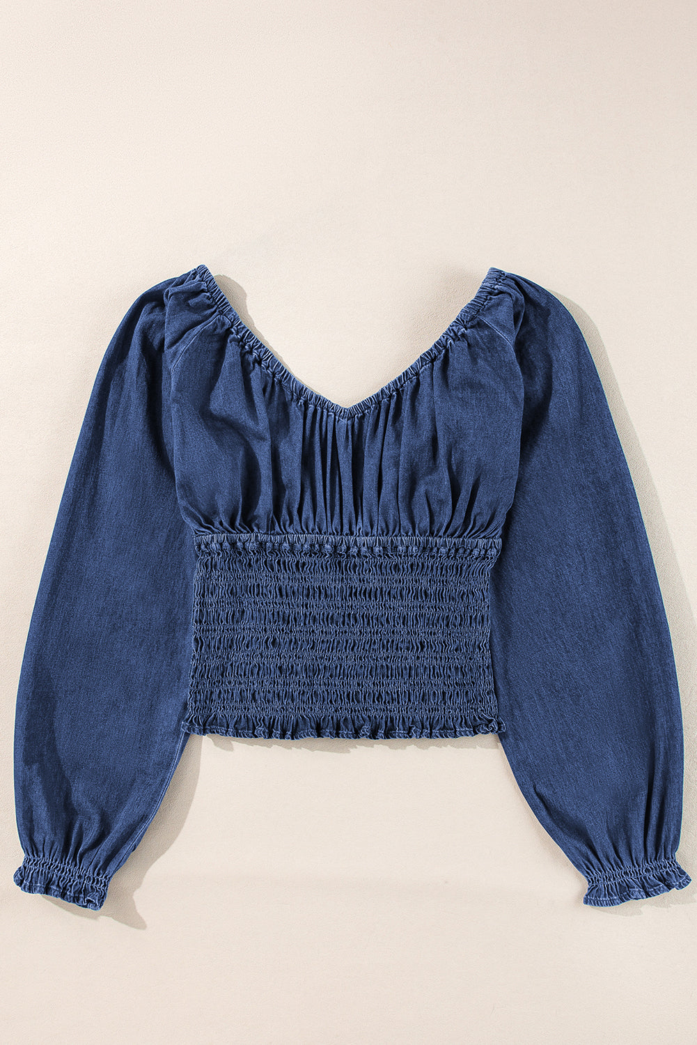 Dark Blue Smocked Ruffle Puff Sleeve V Neck Denim Top-True and Wild