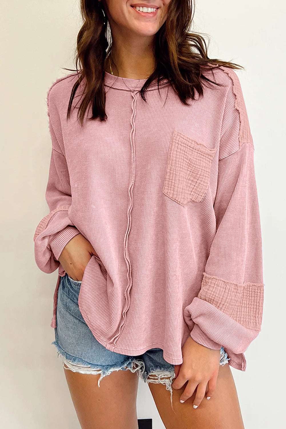 Pink Waffle and Crinkle Patchwork Long Sleeve Top-True and Wild