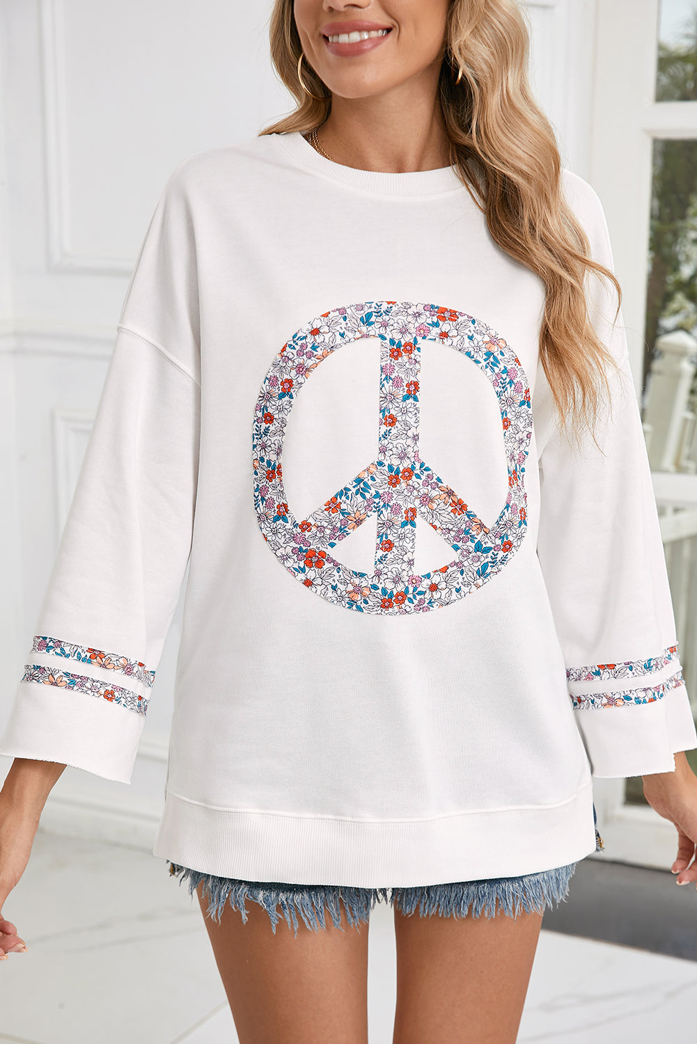 Light Pink Floral Peace Sign Drop Shoulder Top-True and Wild